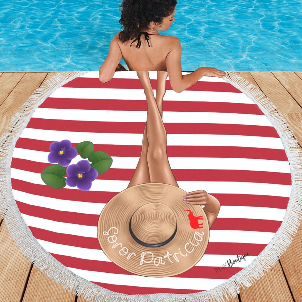 Red and White Personalized Round Beach Towel