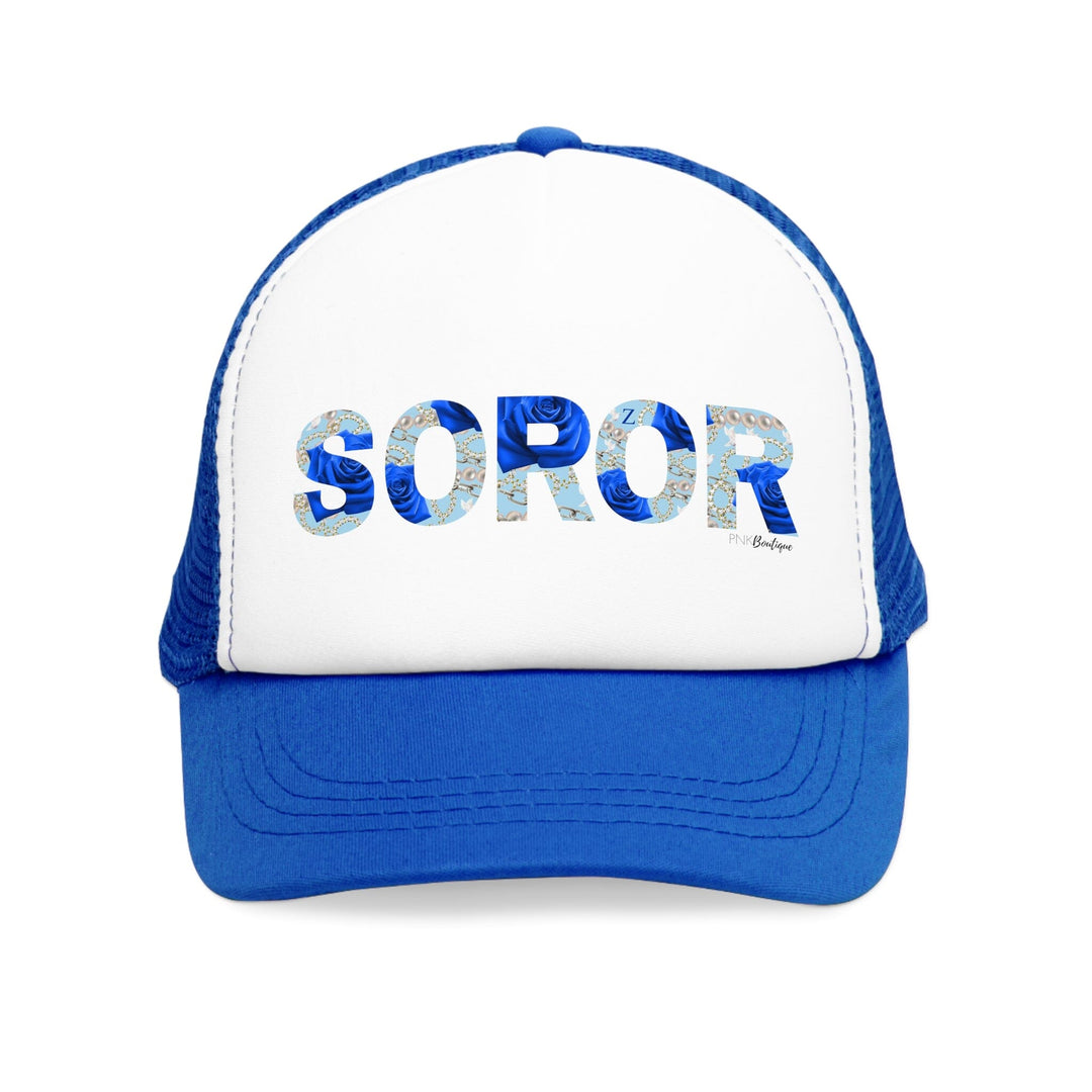 Soror Blue and White Trucker Snap Back Cap