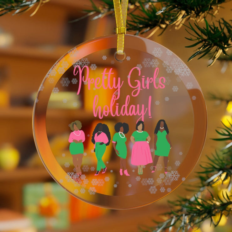 Pretty Girls Holiday Pink and Green Glass Ornament
