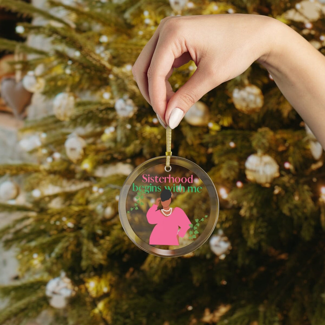 Sisterhood Begins with Me Pink and Green Glass Ornament