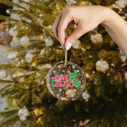 One 9 Zero 8 Pink and Green Glass Ornament