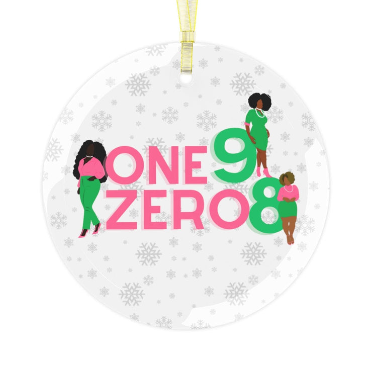 One 9 Zero 8 Pink and Green Glass Ornament