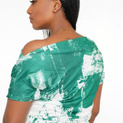Women's green and white tie dye off the shoulder jumpsuit.