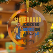 Personalized Blue and Gold Sisterhood Glass Ornament