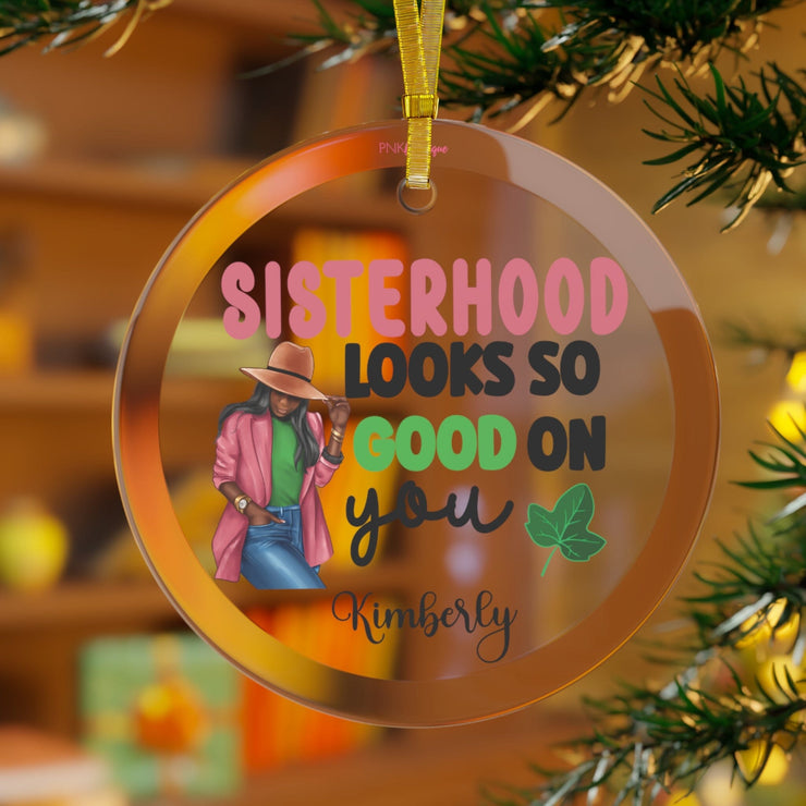Personalized Pink and Green Sisterhood Glass Ornament