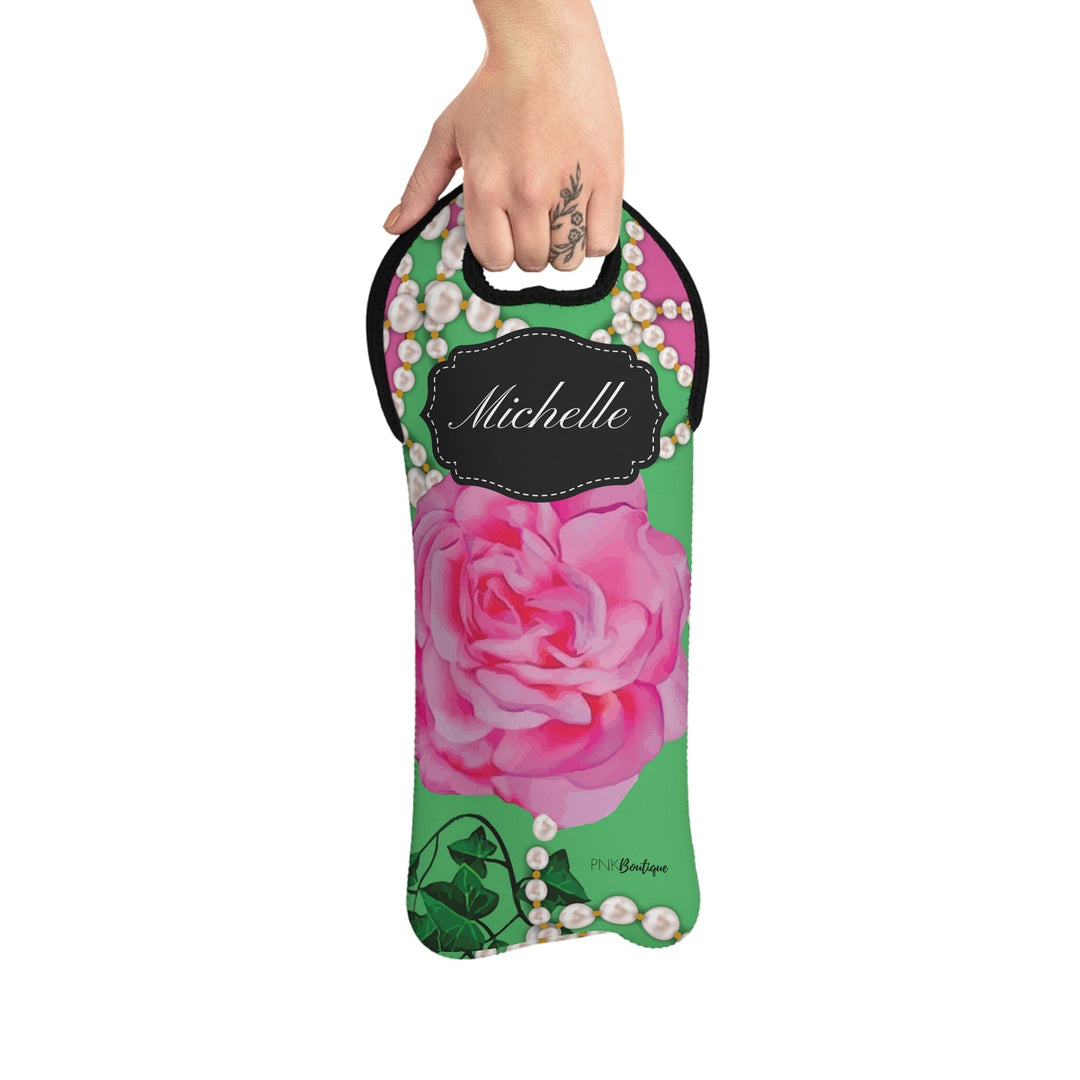 Pink and Green Pearls & Ivy Wine Tote Bag