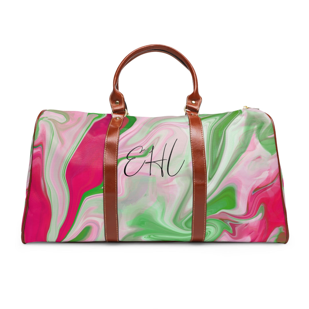 Custom PNK Watercolor Pink & Green Personalized Waterproof Travel Bag