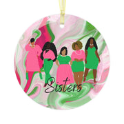 Sisters Watercolor Pink and Green Glass Ornament