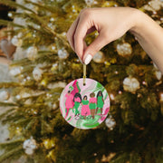 Sisters Watercolor Pink and Green Glass Ornament