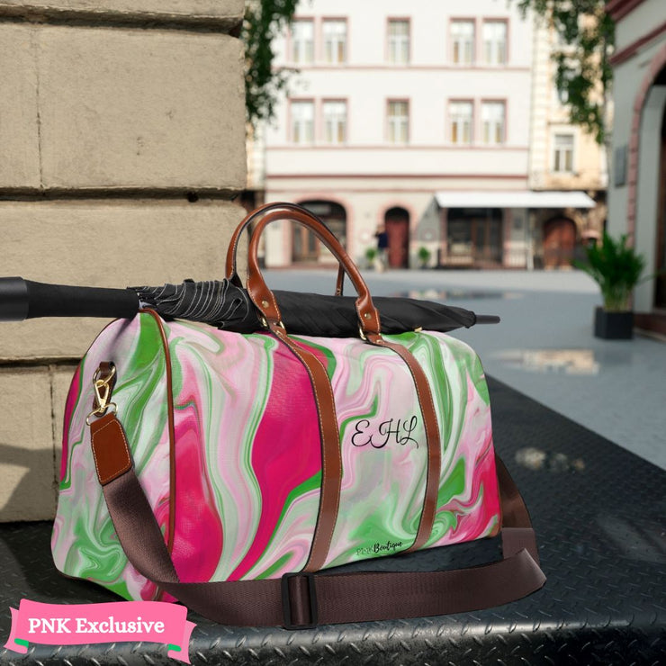 PNK Watercolor Pink & Green Personalized Waterproof Travel Bag