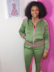 pink and green cold shoulder tracksuit, AKA paraphernalia  - PNK Boutique