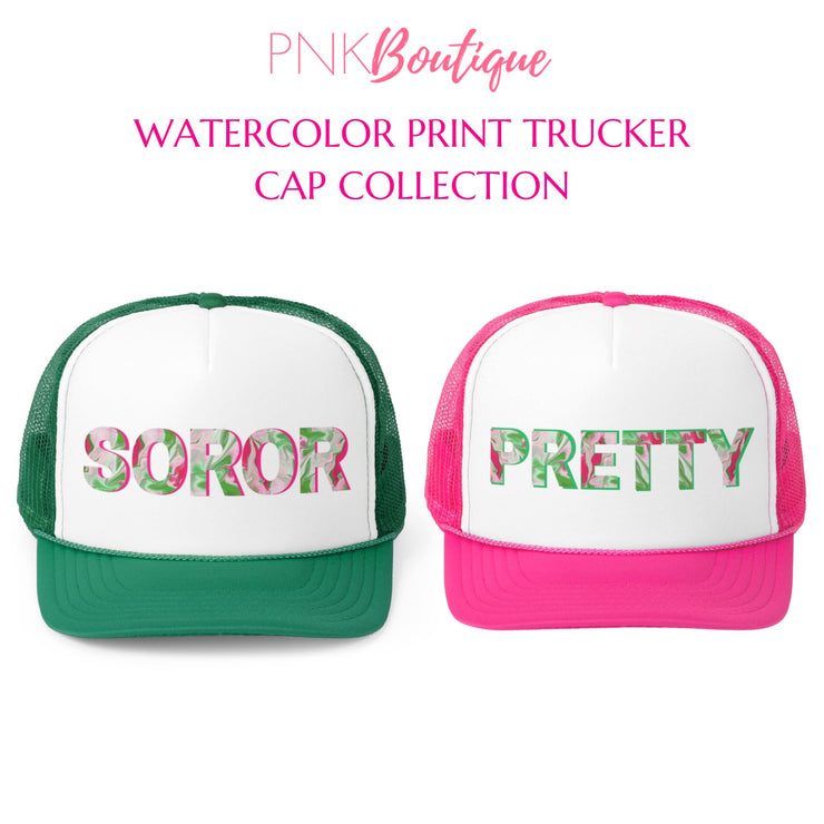 PNK Watercolor Pink & Green Soror Trucker Snap Back Cap